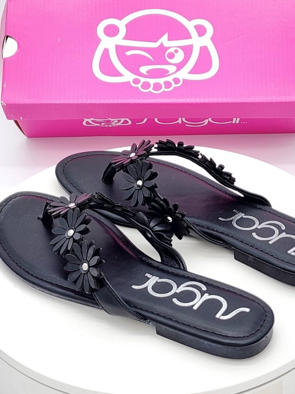 Sugar Finnesse Black Daisy Embellished Thong Flat Sandals Women’s Size 9.5 - Picture 4 of 8